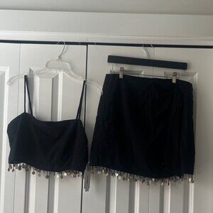 NWT JASON WU Wrap Skirt and Top Crop Seashell Sequin Trim Black Set, 6